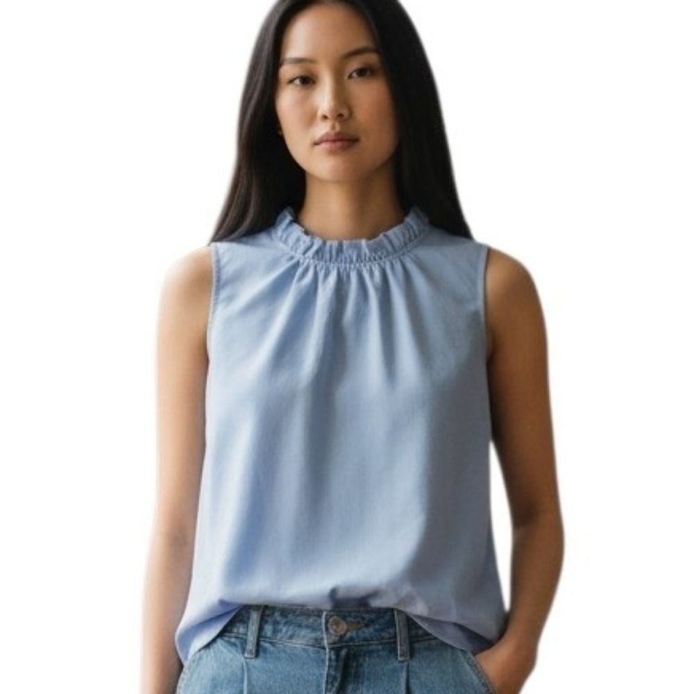 Light Blue Ruffle Neck Blouse Small Sleeveless Keyhole Back Office Career Top